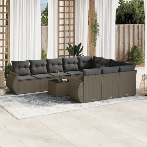 Salon de jardin 11 pièces en résine tressée gris clair avec table verre trempé, coussins amovibles et rangement intégré