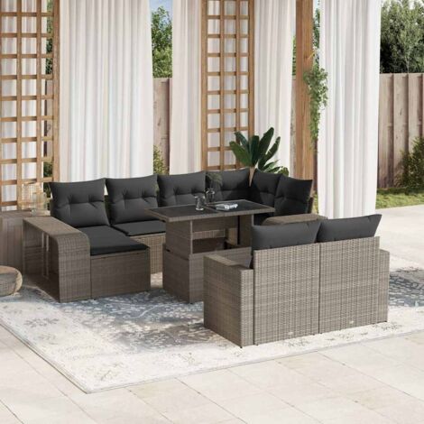 Salon de jardin 11 pièces en résine tressée gris clair, canapés d'angle, modulable avec table réglable, coussins anthracite