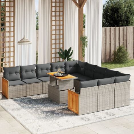 Salon de jardin 11 pièces en résine tressée grise avec table extensible et coussins lavables