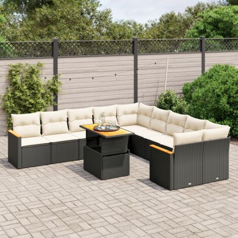 Salon de jardin 11 pièces en résine tressée noir avec coussins crème - Table extensible et modulaire