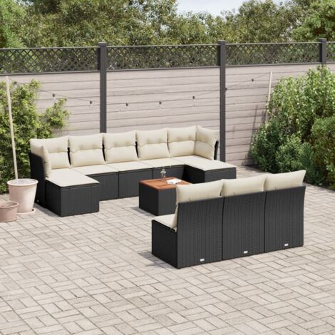 Salon de Jardin 11 Pièces Noir Résine Tressée avec Coussins Crème - Ensemble Modulaire Canapés d'Angle et Centraux, Table Acacia et Poufs