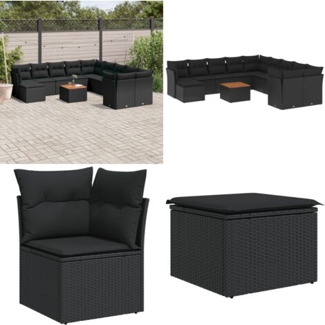 Salon de jardin 12 pcs avec coussins noir résine tressée - Ensemble Salon De Jardin - Mobilier De Jardin - Canapé Extérieur - Set De Jardin - Chaise Lounge - Home & Living
