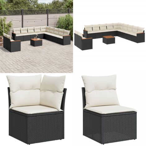 Salon de jardin 12 pcs avec coussins noir résine tressée - Ensemble Salon De Jardin - Mobilier De Jardin - Canapé Extérieur - Table De Jardin - Chaise Lounge - Home & Living