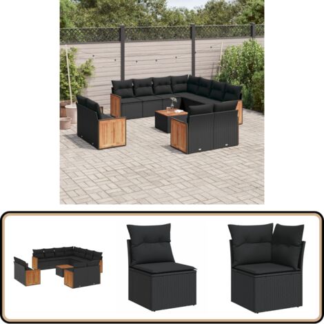 Salon de jardin 12 pcs avec coussins noir résine tressée - Ensemble Salon De Jardin - Mobilier Extérieur - Jardin Design - Chaise Longue - Fauteuil Pliable