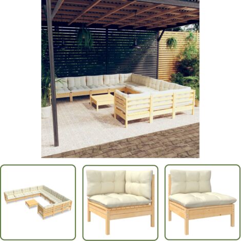 Salon de jardin 12 pcs Contemporain, Ensemble repas de jardin, avec coussins crème Bois de pin OIB2891E