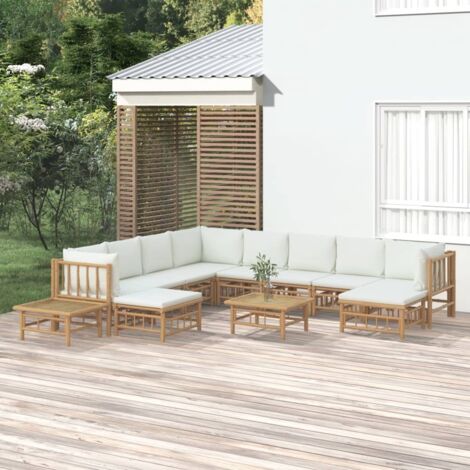 Salon de jardin 12 pcs - Ensemble Table et Chaise de Jardin - avec coussins blanc crème bambou BV261988 - BonneVie