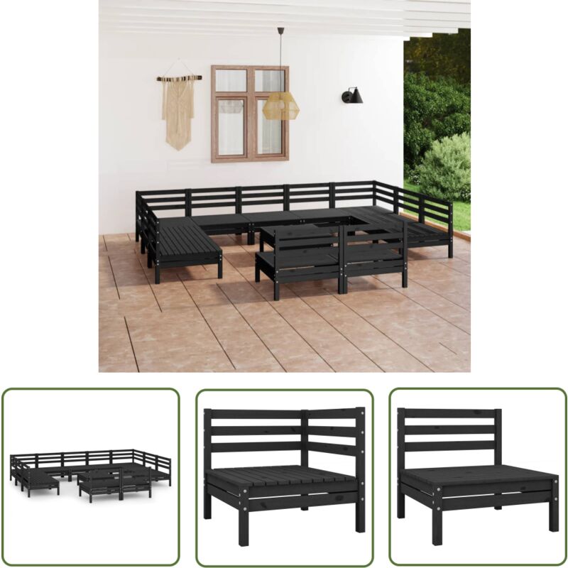 Maison Chic - The Living Store Salon de jardin 12 pcs Noir Bois de pin massif - Salon De Jardin - Mobilier De Jardin - Set De Salon De Jardin