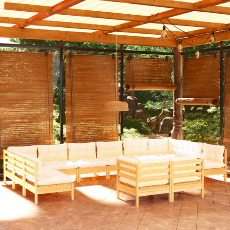 Salon de jardin 12 pcs,Mobilier de terrasse,Table et Chaise pour Relax avec coussins crème Bois de pin massif -YZ755508