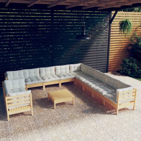 Salon de jardin 12 pcs,Mobilier de terrasse,Table et Chaise pour Relax avec coussins crème Bois de pin solide -YZ104174
