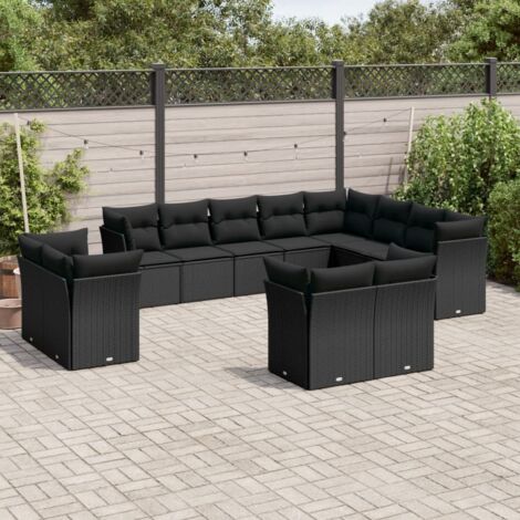 Salon de Jardin 12 Places Modulaire en Résine Tressée Noir avec Coussins et Coffre de Rangement Intégré