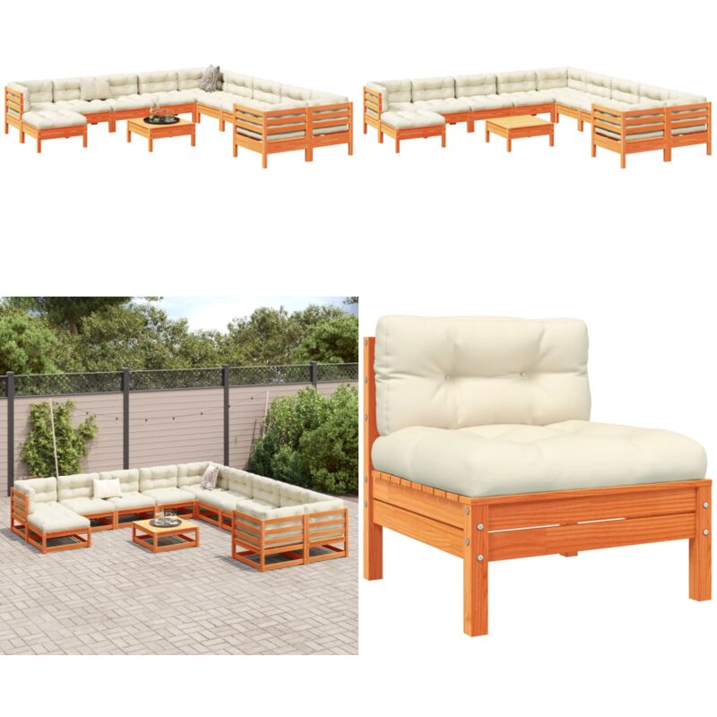Salon de jardin 12pcs avec coussins cire marron bois pin massif - Ensemble Salon De Jardin - Canapé Extérieur - Meuble De Jardin - Mobilier De Jardin