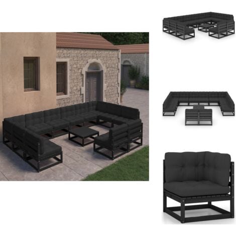 Salon de jardin 13 pcs avec coussins noir bois de pin massif - Salon De Jardin - Mobilier De Jardin - Set De Salon - Meubles De Jardin - Bois De Pin