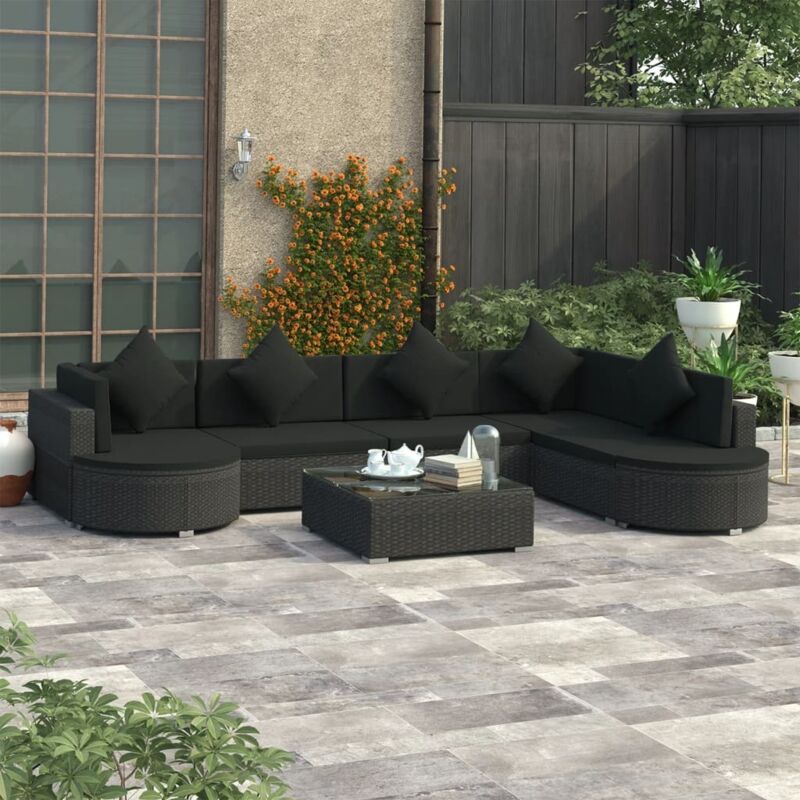 Salon de jardin 8 pcs avec coussins résine tressée noir Vidaxl