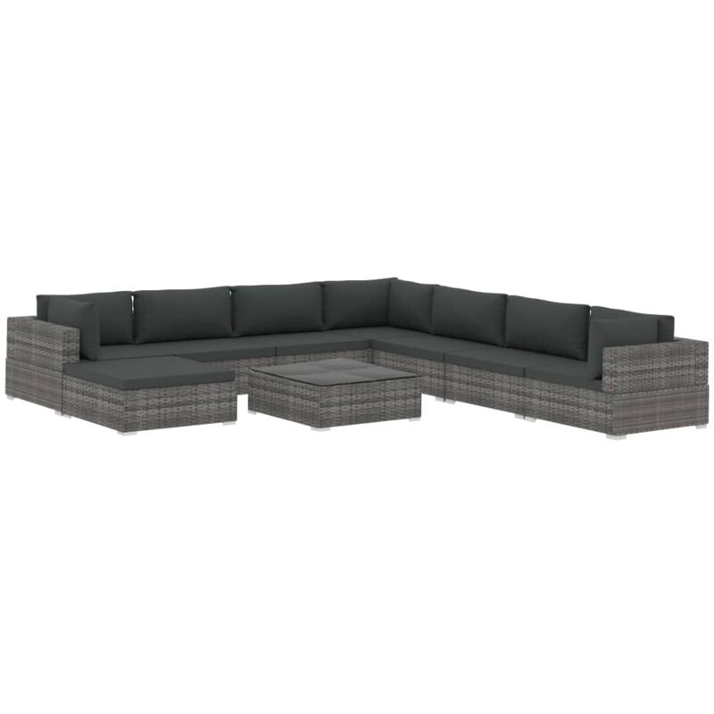 Salon de jardin 9 pcs avec coussins Résine tressée Gris Vidaxl