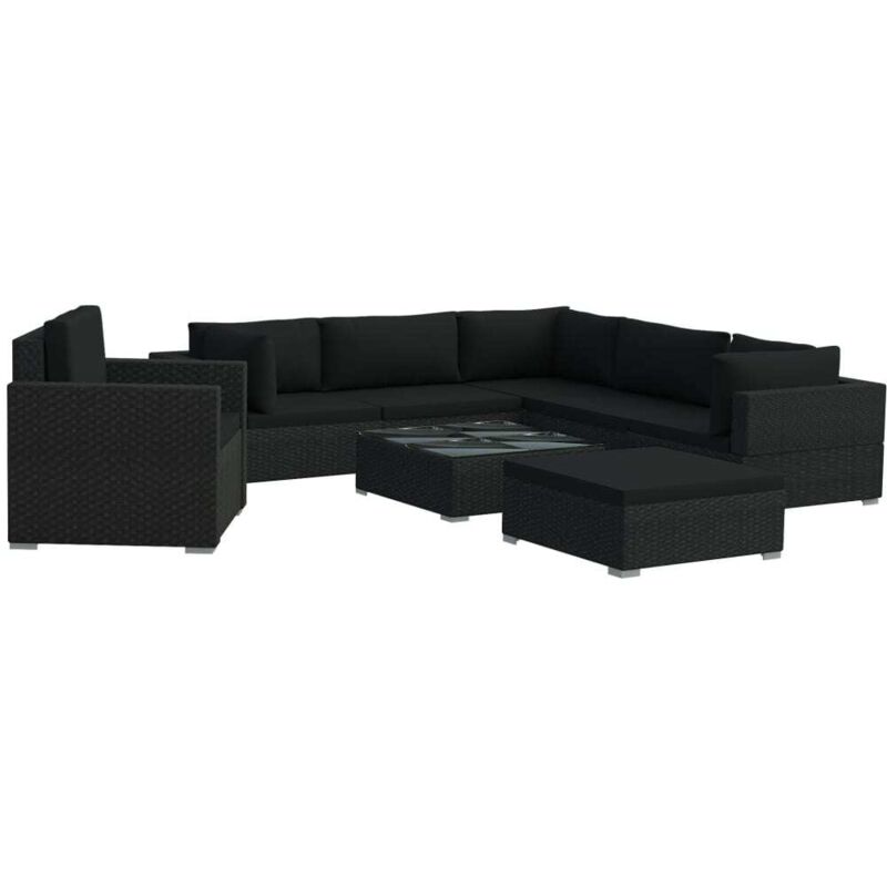 Salon de jardin 8 pcs avec coussins résine tressée noir Vidaxl