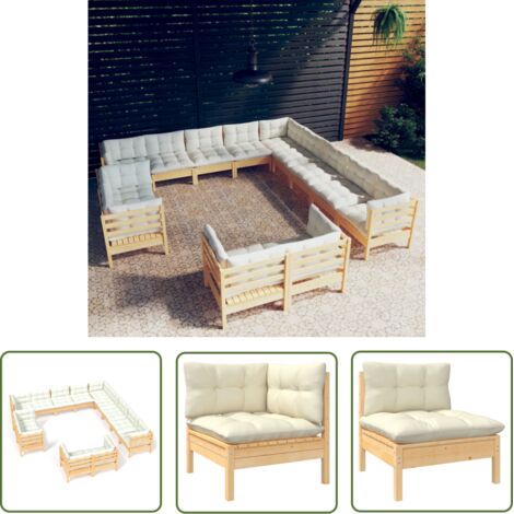 Salon de jardin 13 pcs Contemporain, Ensemble repas de jardin, avec coussins crème Bois de pin massif OIB3307E