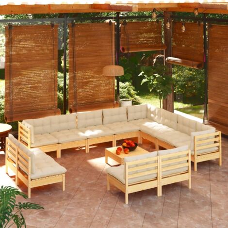 Salon de jardin 13 pcs,Mobilier de terrasse,Table et Chaise pour Relax avec coussins crème Bois de pin solide -YZ801183