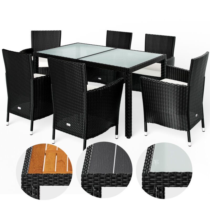 Salon de jardin en polyrotin noir crème Ensemble de jardin 6 personnes Ensemble table et chaises avec coussins