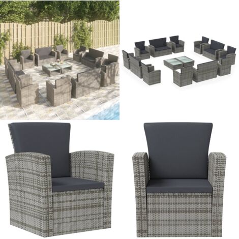 Salon de jardin 16 pcs avec coussins Résine tressée Gris - Salon De Jardin - Mobilier De Jardin - Ensemble De Salon - Meubles De Jardin - Résine Tressée - Home & Living