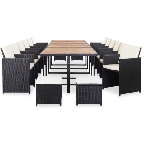 Salon de jardin 17 pcs avec coussins Résine tressée Noir - The Living Store