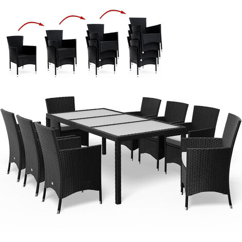 Salon de jardin 17 pièces en polyrotin noir - 8 Chaises empilables 1 Table avec plateau en verre - 8 Coussins beige