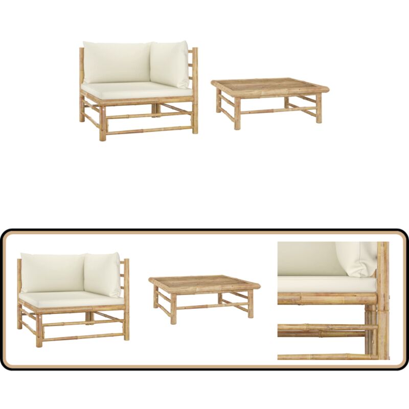 Salon de jardin 2 pcs avec coussins blanc crème Bambou - Salon De Jardin - Mobilier De Jardin - Ensemble De Salon - Meubles De Jardin - Bambou