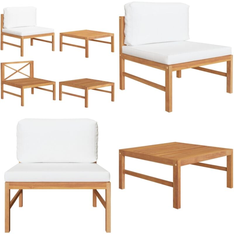 Salon de jardin 2 pcs avec coussins crème Bois de teck - Meubles De Jardin - Salon De Jardin - Set De Jardin - Mobilier Extérieur - Table Basse