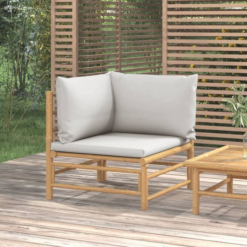 Canapé d'angle de jardin avec coussins gris clair bambou
