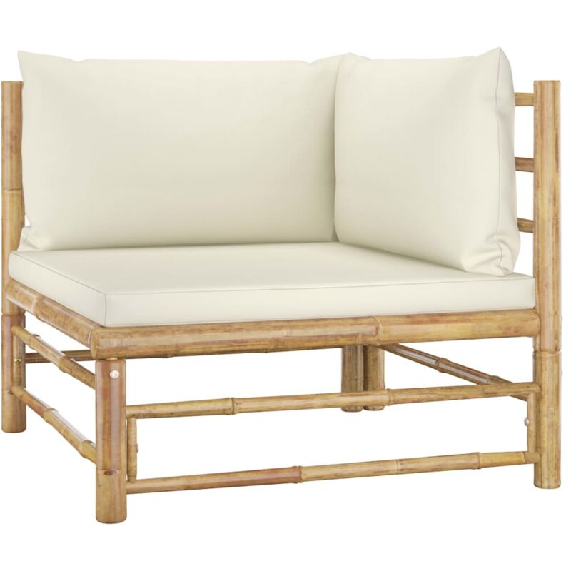 Canapé d'angle de jardin avec coussins blanc crème Bambou Vidaxl