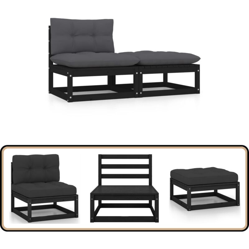 Salon de jardin 2 pcs avec coussins Noir Bois de pin massif - Salon De Jardin - Mobilier De Jardin - Ensemble De Salon - Canapé D'extérieur - Chaise