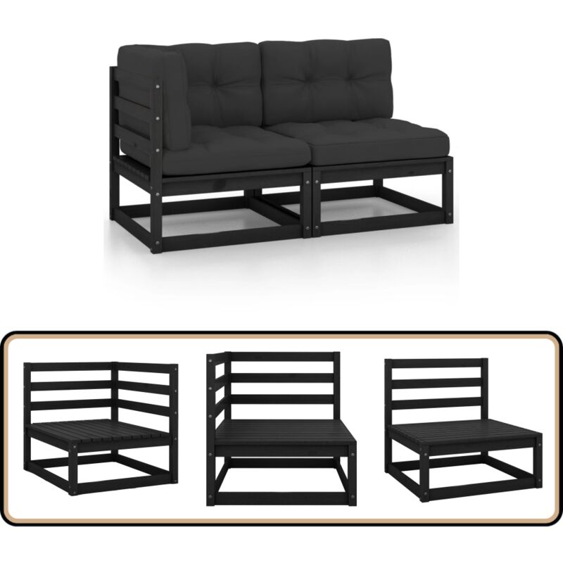 Salon de jardin 2 pcs avec coussins Noir Bois de pin massif - Salon De Jardin - Mobilier De Jardin - Ensemble Salon De Jardin - Canapé De Jardin