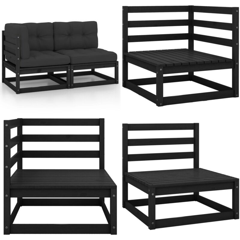 Salon de jardin 2 pcs avec coussins Noir Bois de pin massif - Salon De Jardin - Mobilier De Jardin - Ensemble Salon De Jardin - Canapé De Jardin