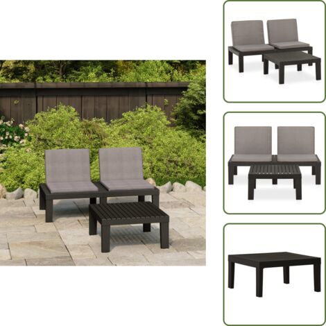 Salon de jardin 2 pcs avec coussins Plastique Gris - Salon De Jardin - Mobilier De Jardin - Ensemble Salon - Table Basse - Chaise Longue