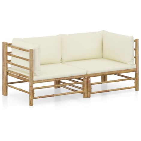Salon de jardin 2 pcs Ensemble Table et Chaise de Jardin - avec coussins blanc crème Bambou BV859082 - BonneVie