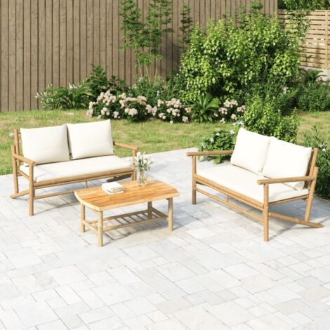 Salon de jardin 2 pcs,Mobilier de terrasse,Table et Chaise pour Relax avec coussins blanc crème bambou -YZ401166