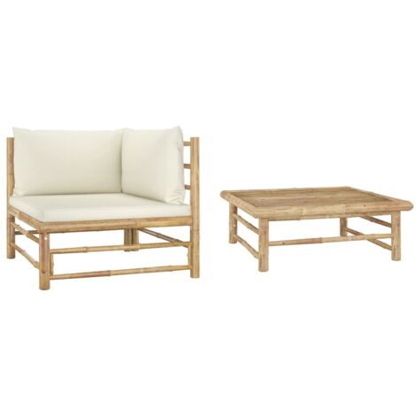 Salon de jardin 2 pcs,Mobilier de terrasse,Table et Chaise pour Relax avec coussins blanc crème Bambou -YZ950649