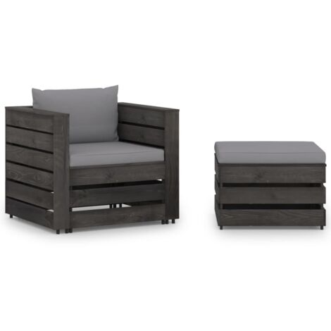 Salon de jardin 2 pcs,Mobilier de terrasse,Table et Chaise pour Relax avec coussins Bois imprégné de gris -YZ500628