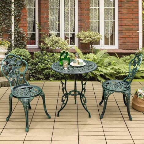 Salon de Jardin 2 Personnes en Fonte Aluminium Table de Jardin Extérieure avec 2 Chaises Trou de Parasol Motif de Rose Vert