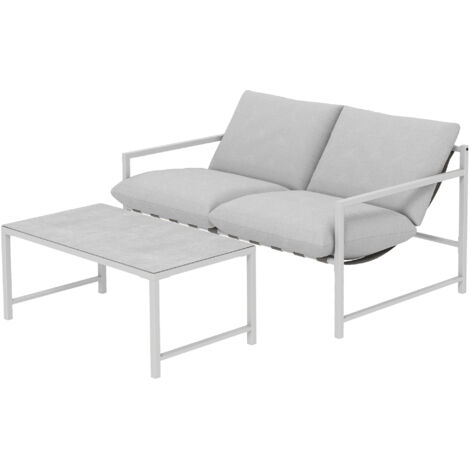 Salon de jardin 2 pièces, canapé avec coussins, table basse en verre trempé marbré 3D, 125x80x64cm, gris clair