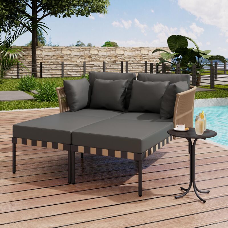 Salon de jardin 2 pièces, salon de jardin avec 4 coussins, chaises longues et tables basses de jardin amovibles et modulables, salon de jardin canapé