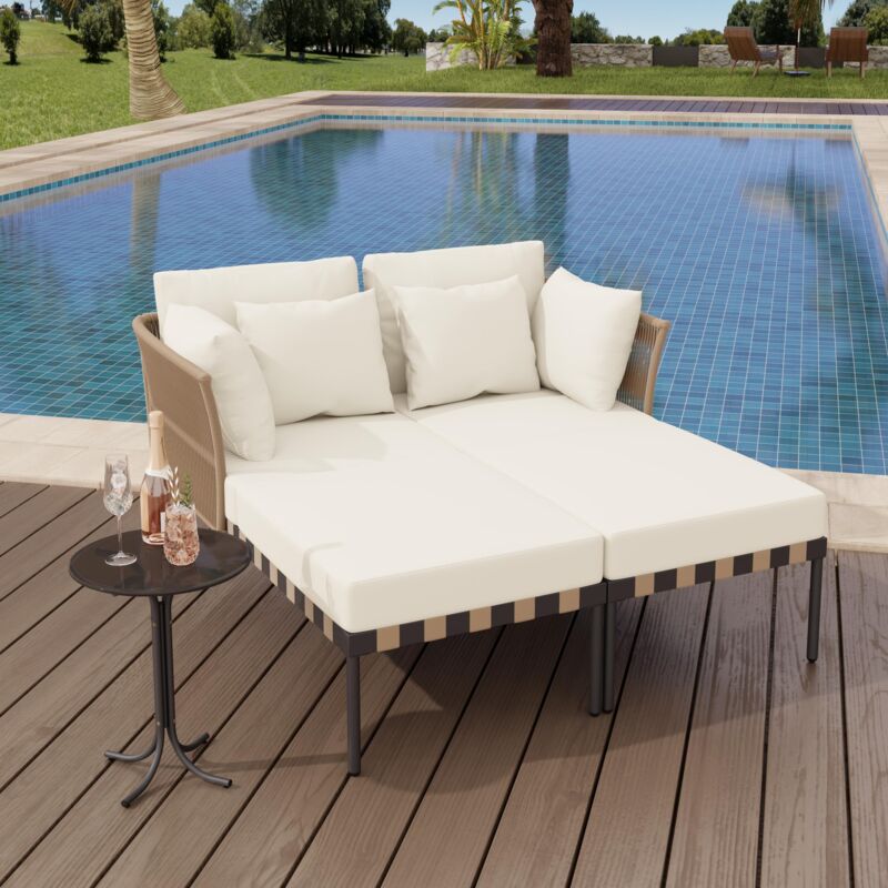 Salon de jardin 2 pièces, salon de jardin avec 4 coussins, chaises longues et tables basses de jardin amovibles et modulables, salon de jardin canapé