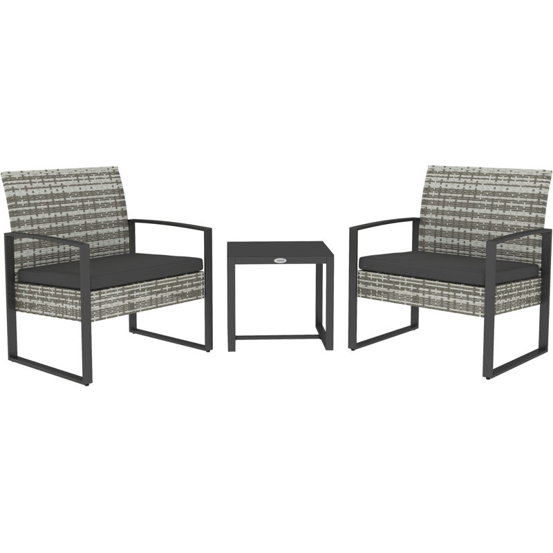 Salon de jardin 2 places 3 pièces 2 chaises avec coussins + table basse plateau verre trempé résine tressée aspect rotin gris