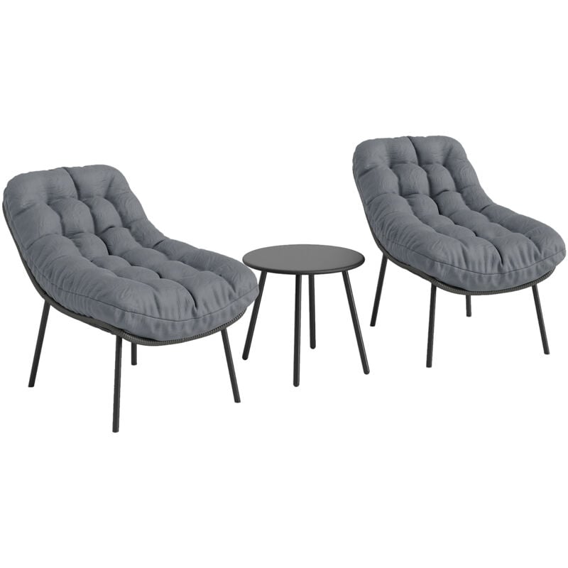 Salon de jardin 2 places 3 pièces style cosy épais coussins capitonnés 15 cm acier résine gris