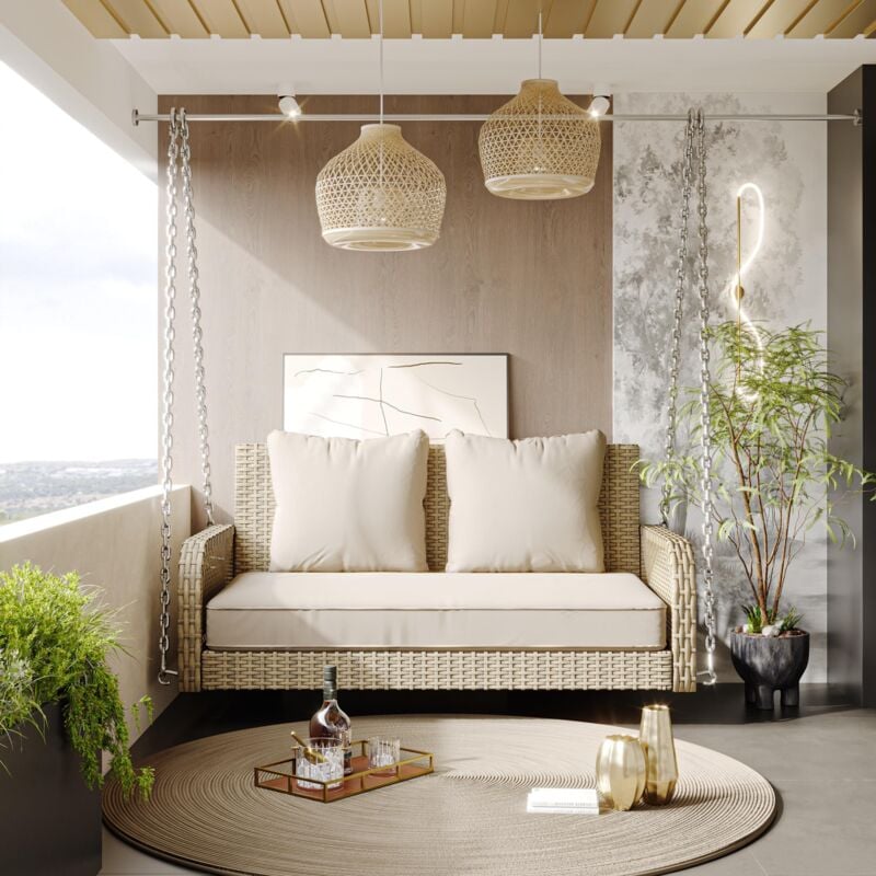 Salon de jardin 2 places - assise en rotin beige avec coussin d'assise beige et dossier confortable, amovible et lavable, balançoire de jardin