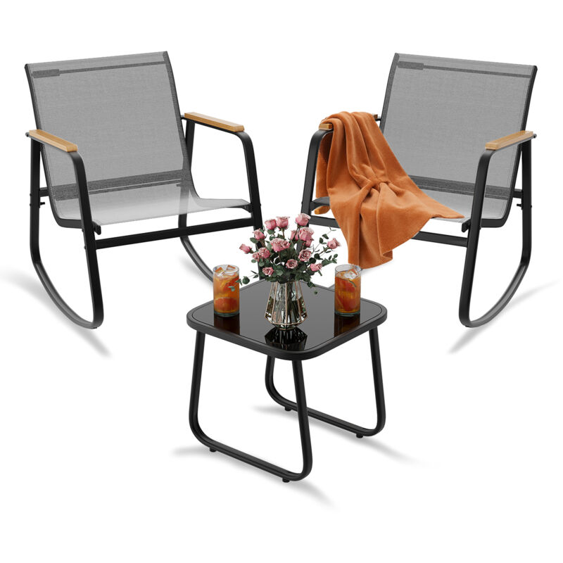 Salon de Jardin 2 Places Bealife Ensemble Meuble Extérieur en Textilène avec 2 Chaises Berçantes Individuelles et 1 Table en Verre pour Terrasse