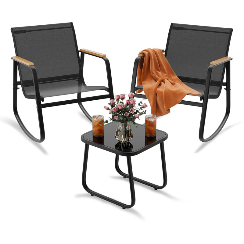 Salon de Jardin 2 Places Bealife Ensemble Meuble Extérieur en Textilène avec 2 Chaises Berçantes Individuelles et 1 Table en Verre pour Terrasse