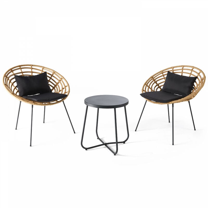 Salon de jardin 2 places imitation rotin, 2 fauteuils, 1 table basse Antalya - Naturel - Marron