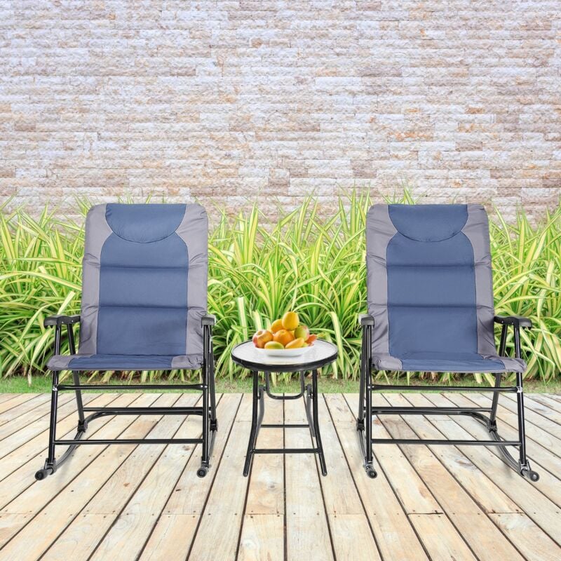 Salon de Jardin 3 pcs 2 Chaises Rembourrées à Bascule Table Verre Pliables Bleu CW43196