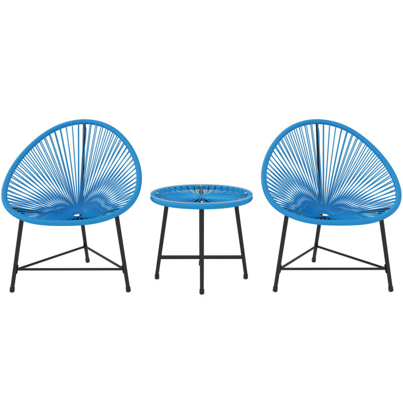 Salon de jardin 3 pcs 2 places design Acapulco plateau verre trempé acier noir résine filaire bleu