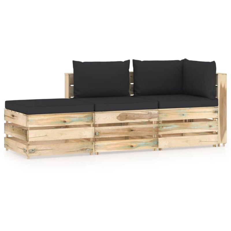 Salon de jardin 3 pcs avec coussins Bois imprégné de vert
